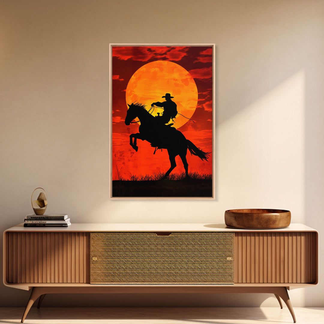 Cowboy Riding Horse into the Sunset | Framed Canvas Print | Western Silhouette Art | Rustic Cowboy Wall Art for Living Room