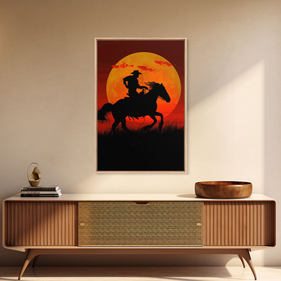 Action Cowboy Silhouette on Horse at Sunset | Framed Canvas Print | Western Wall Art | Dramatic Cowboy Wall Art for Home Decor