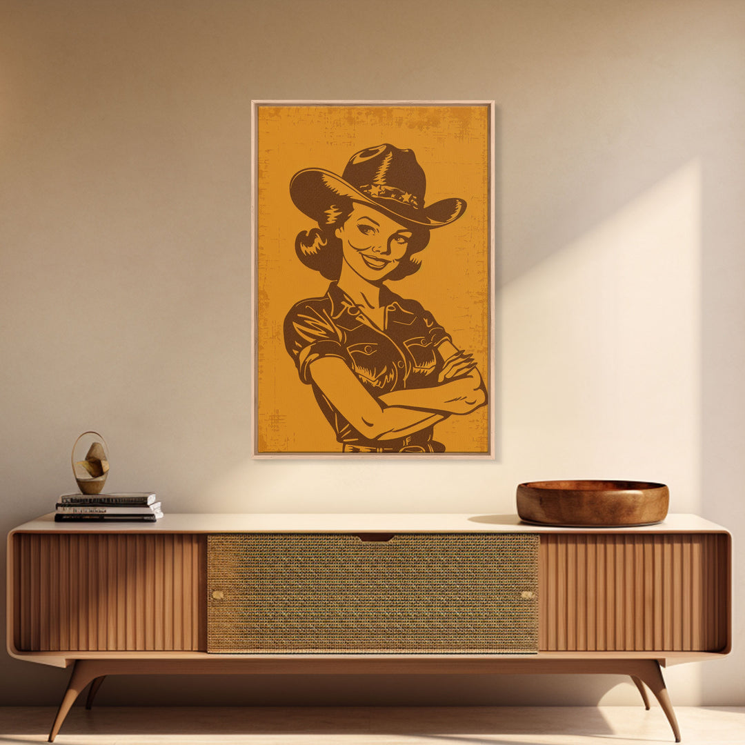 Retro Cowgirl Illustration in Yellow | Framed Canvas Print | Vintage Western Decor | Classic Cowgirl Wall Art for Living Room