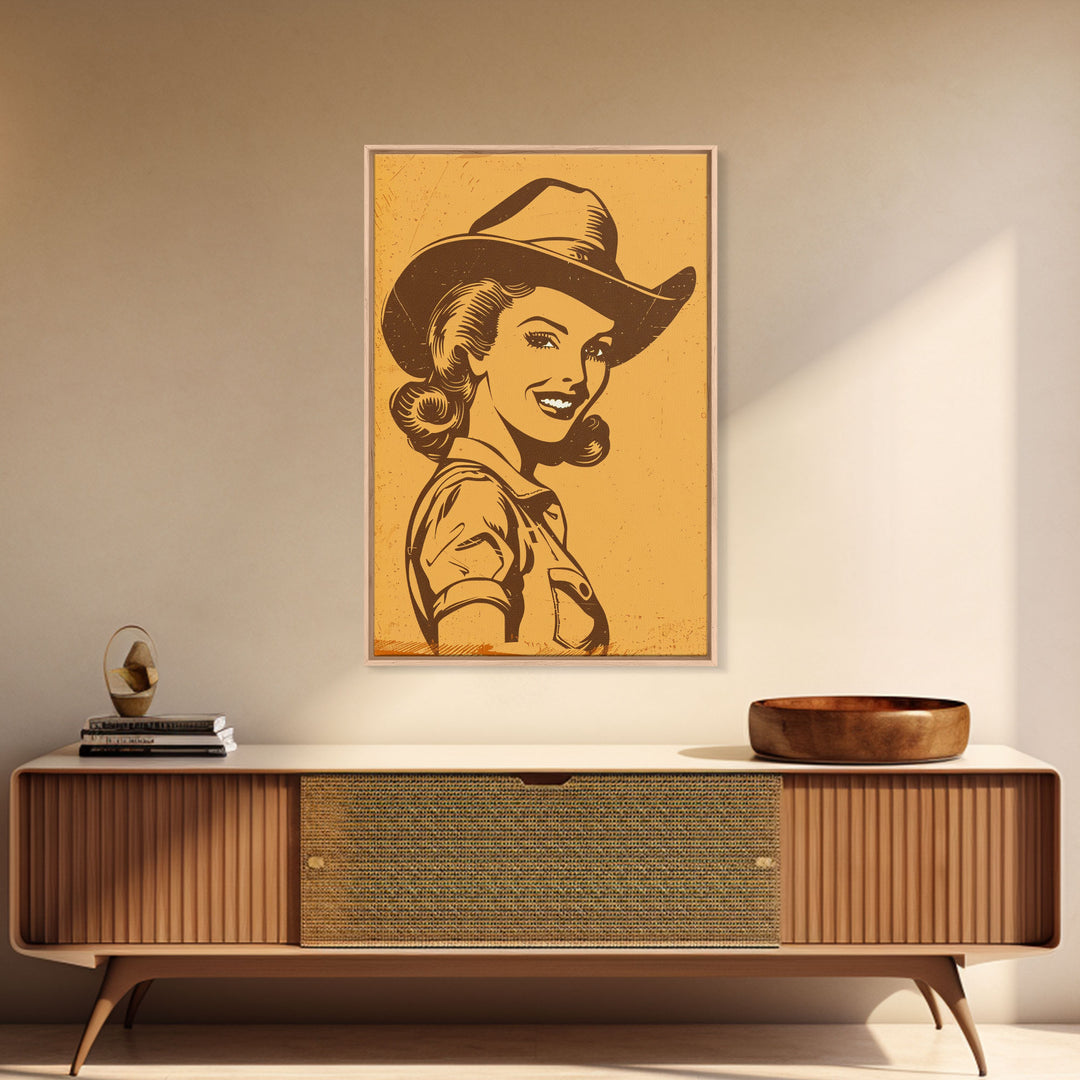 Smiling Retro Cowgirl in Hat Illustration | Framed Canvas Print | Vintage Western Art | Retro Cowgirl Wall Art for Bedroom Decor