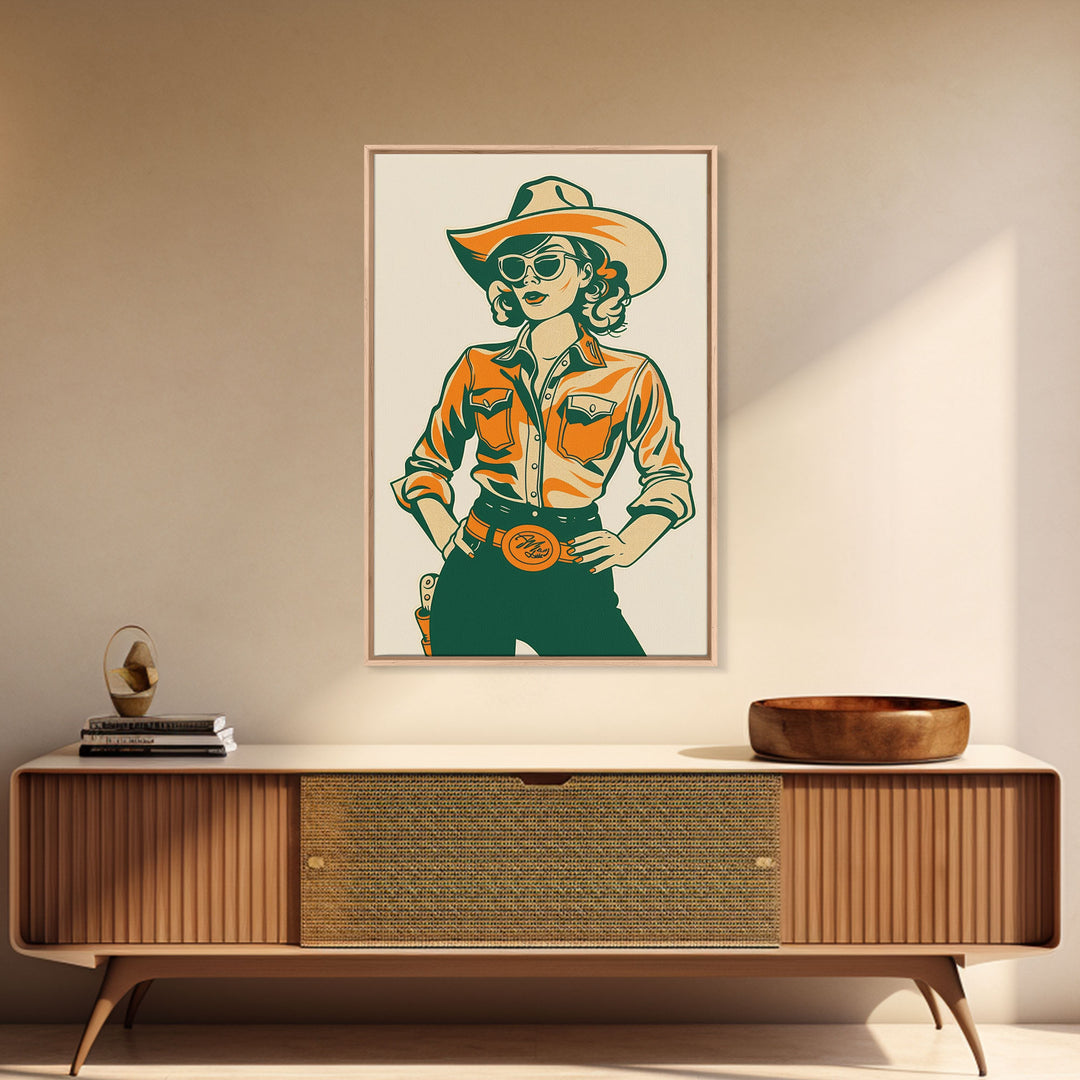 Stylish Retro Cowgirl in Sunglasses Illustration | Framed Canvas Print | Vintage Western Decor | Classic Cowgirl Wall Art for Home