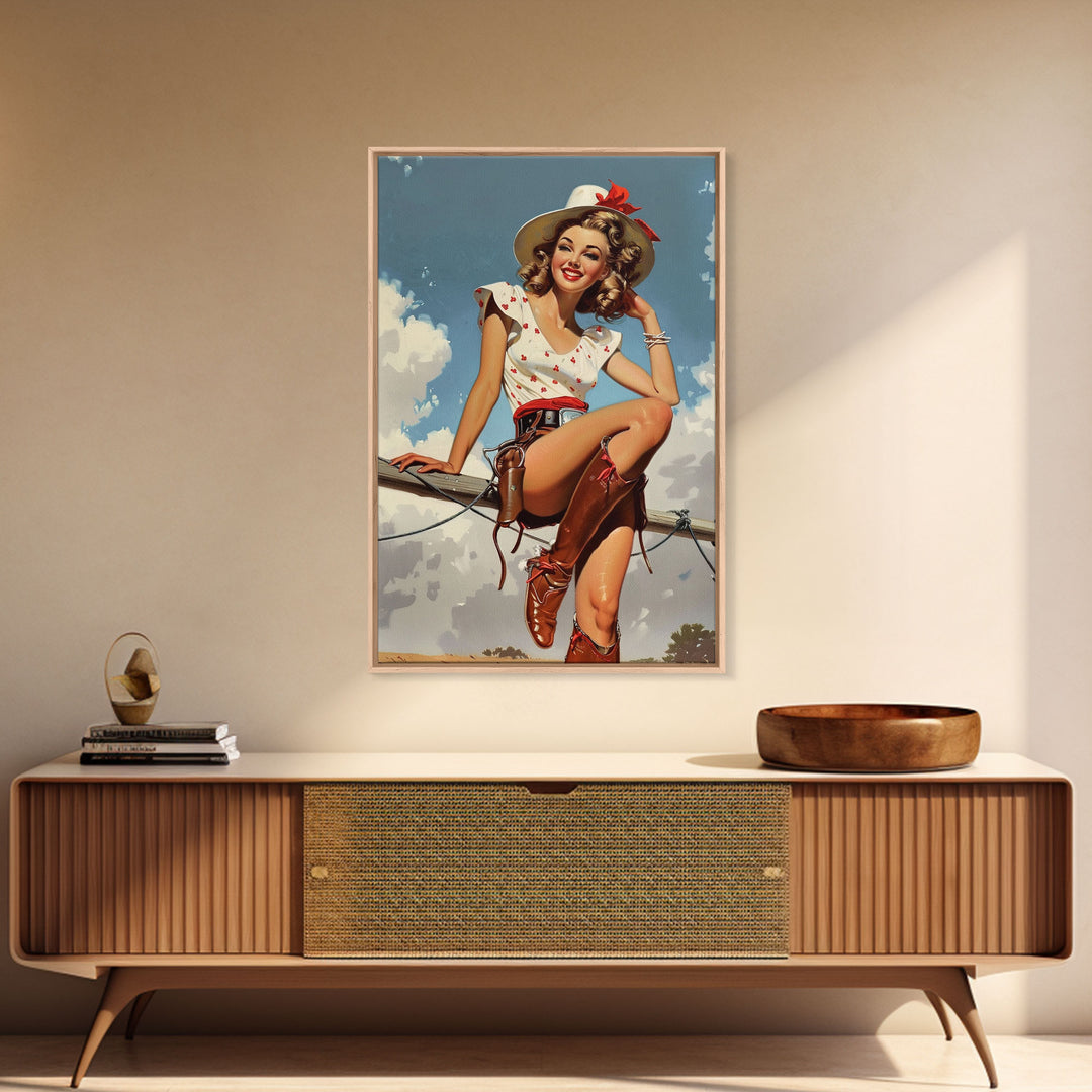 Classic Cowgirl Pin-Up Art Print, Vintage Western Framed Canvas, Retro Pin-Up Girl in Cowboy Hat and Boots, Unique Home Decor