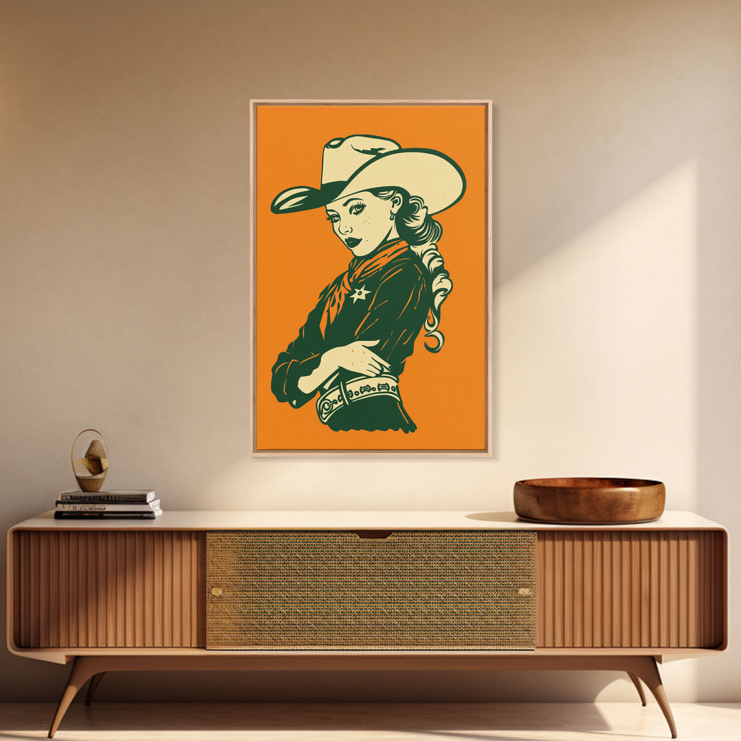 Elegant Retro Cowgirl with Hat Illustration | Framed Canvas Print | Vintage Western Art | Stylish Cowgirl Wall Art for Living Room