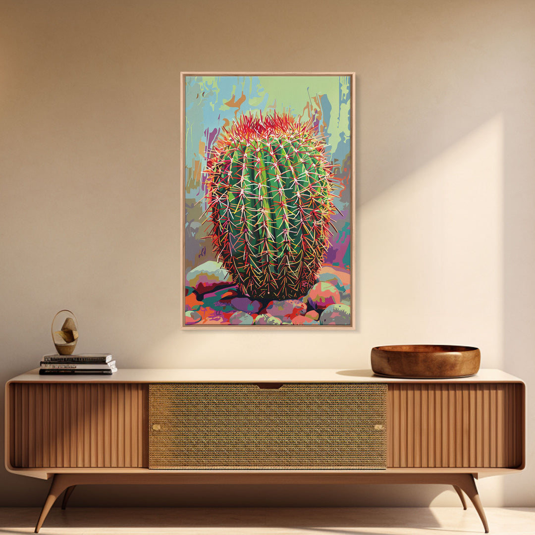 Bold Barrel Cactus Art with Red Spines - Framed Canvas Print, Vibrant Desert Decor, Living Room Art, Cactus Wall Art for Home