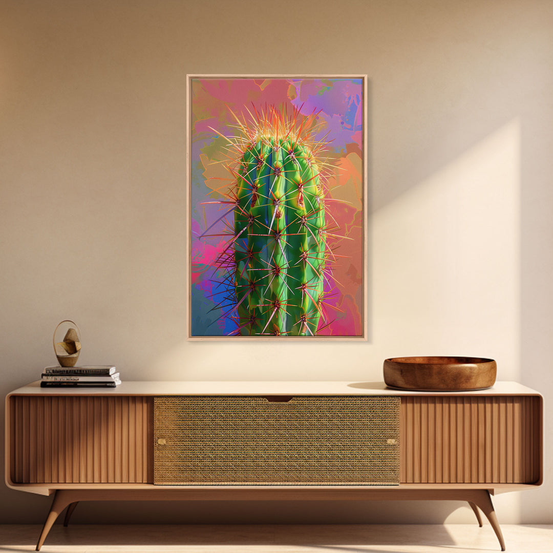 Green Cactus with Orange Spines on Colorful Background - Framed Canvas Print, Bright Desert Decor, Bedroom Art, Cactus Wall Art