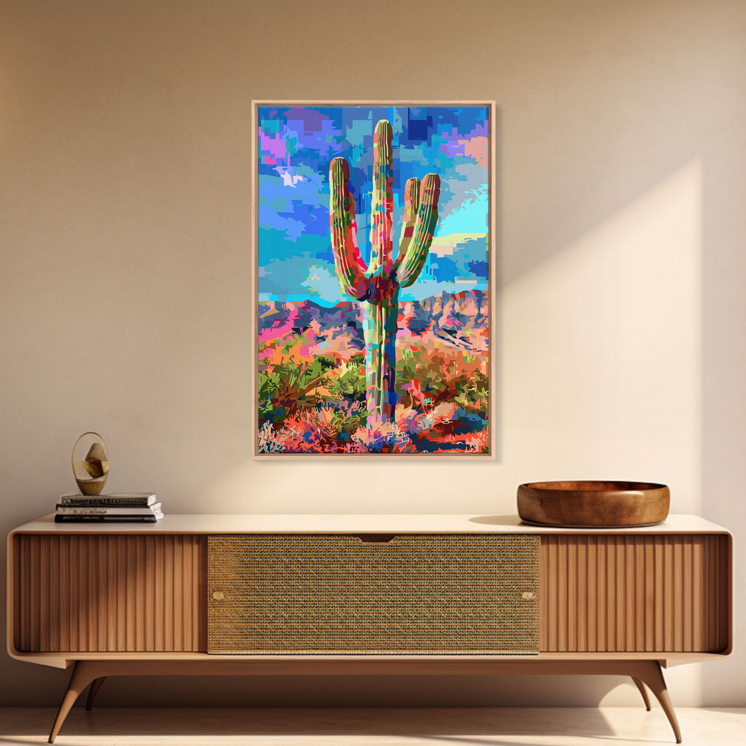 Majestic Saguaro Cactus in Colorful Desert Landscape - Framed Canvas Print, Vibrant Southwest Decor, Living Room Art, Cactus Wall Art