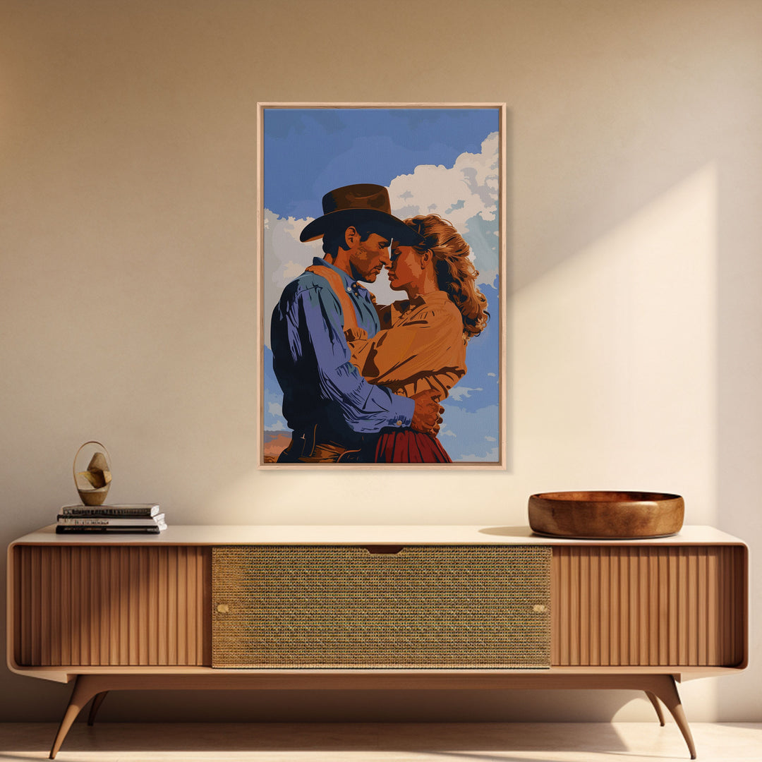 Classic Western Love Scene Under Blue Sky - Framed Canvas Print, Rustic Cowboy Decor, Living Room Art, Romantic Wall Art for Home