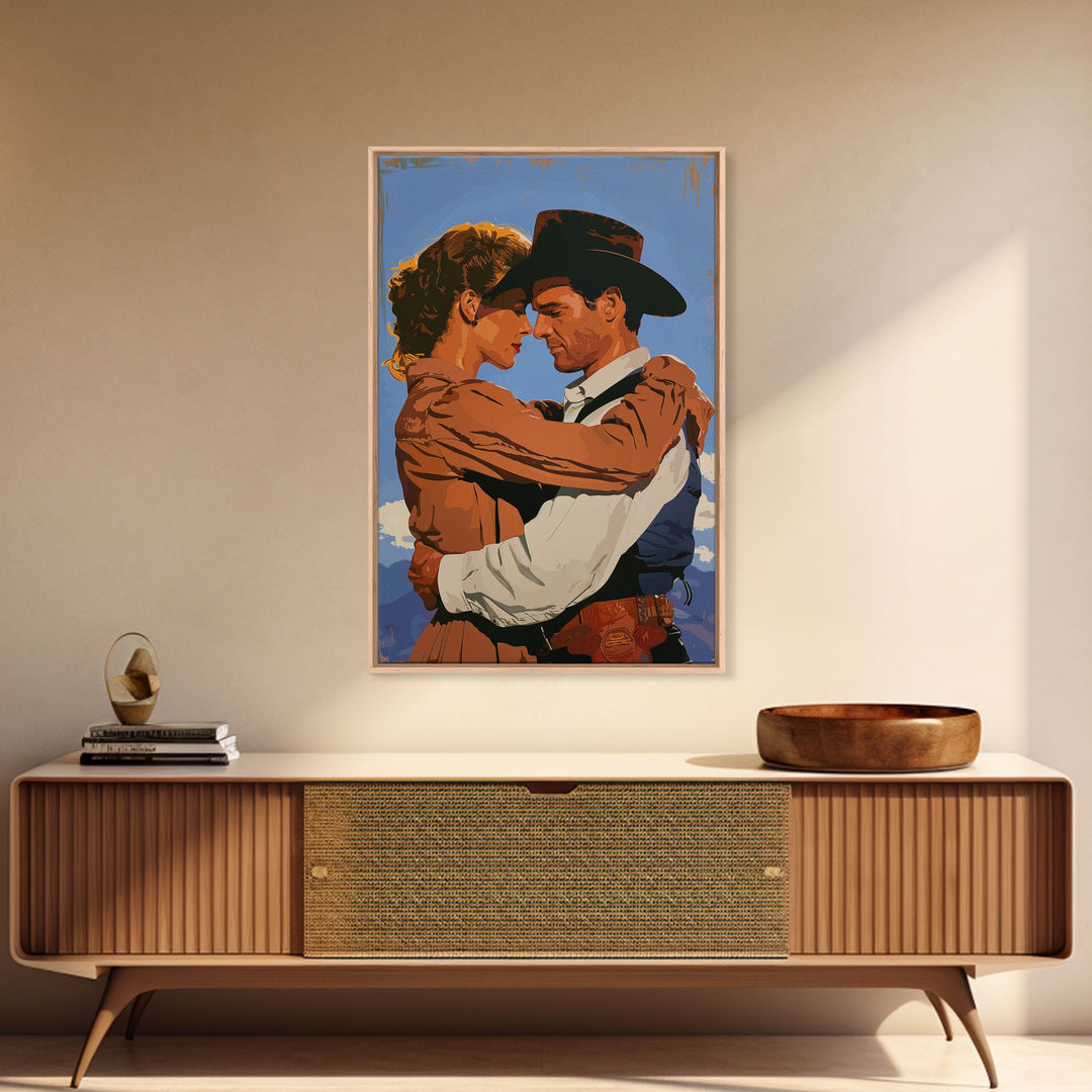 Intimate Western Couple Embracing - Framed Canvas Print, Vintage Western Decor, Bedroom Art, Romantic Wall Art for Home