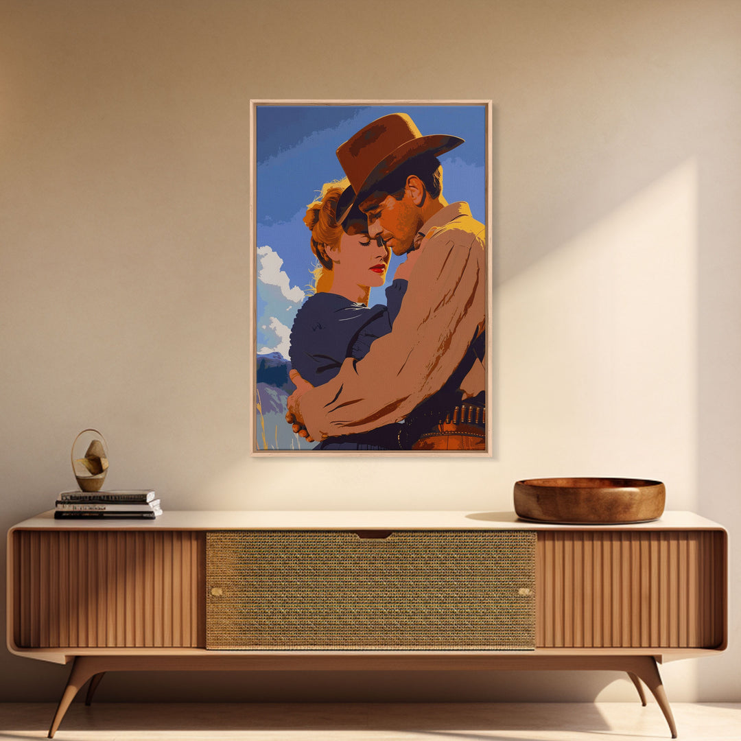 Romantic Cowboy and Cowgirl in Classic Western Art - Framed Canvas Print, Vintage Western Decor, Living Room Art, Romantic Wall Art