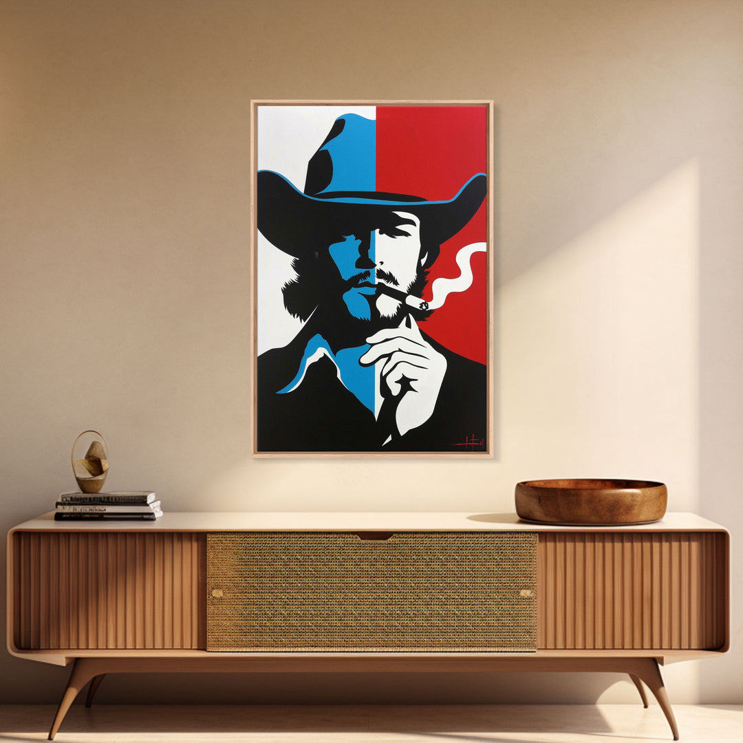 Iconic Cowboy Silhouette with Cigarette - Framed Canvas Print, Bold Western Decor, Living Room Art, Cowboy Wall Art for Home