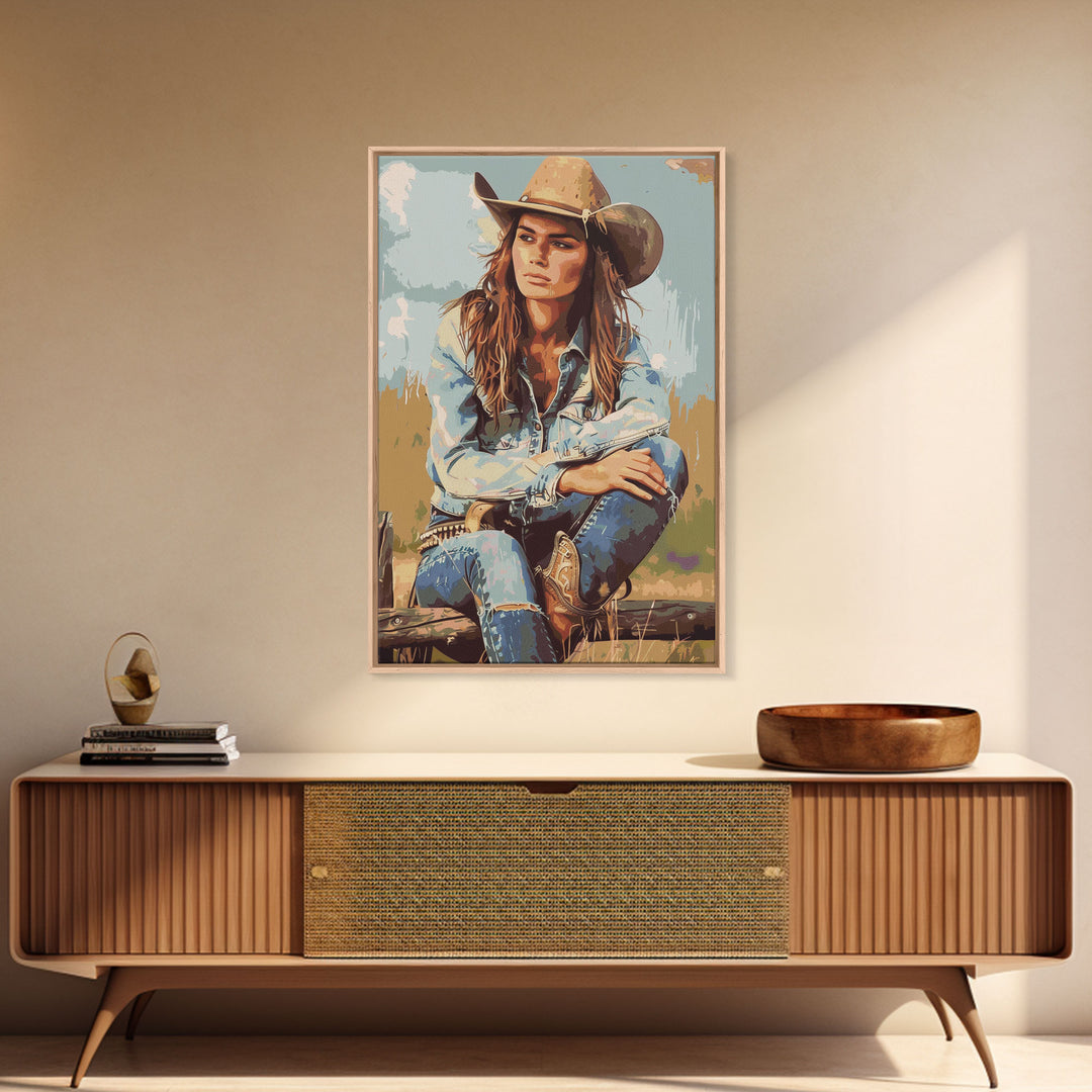 Thoughtful Cowgirl in Denim Framed Canvas Print - Rustic Western Decor, Vintage Wall Art for Living Room, Bedroom Artwork