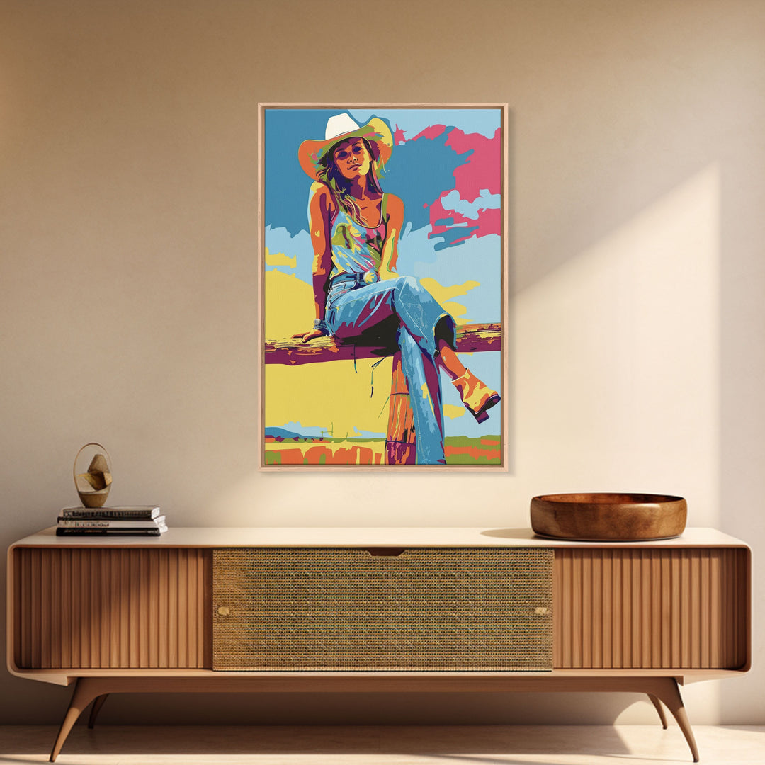 Colorful Cowgirl Portrait Framed Canvas Print - Bright Western Decor, Pop Art Wall Art for Living Room, Bedroom