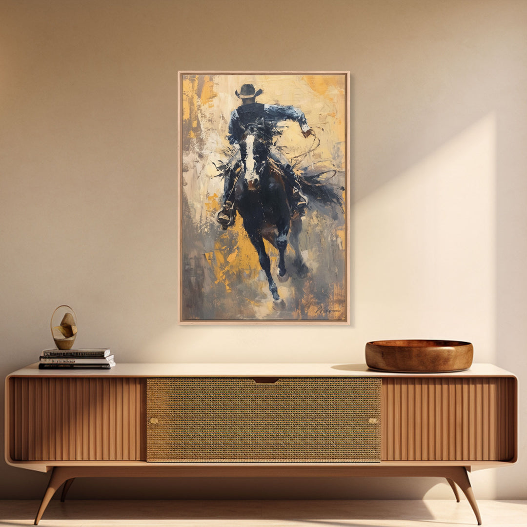 Intense Cowboy Riding Fast Framed Canvas Print - High-Energy Western Decor, Exciting Wall Art for Living Room, Bedroom