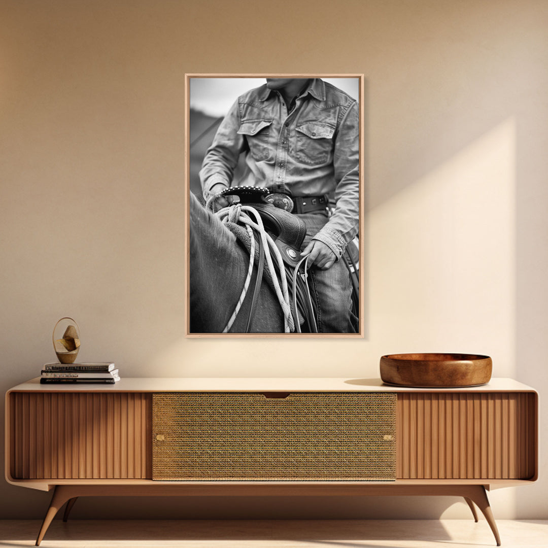 Close-up of cowboy hands holding reins, detailed Western art, black and white photography, Framed Canvas Print, rustic home decor, wall art