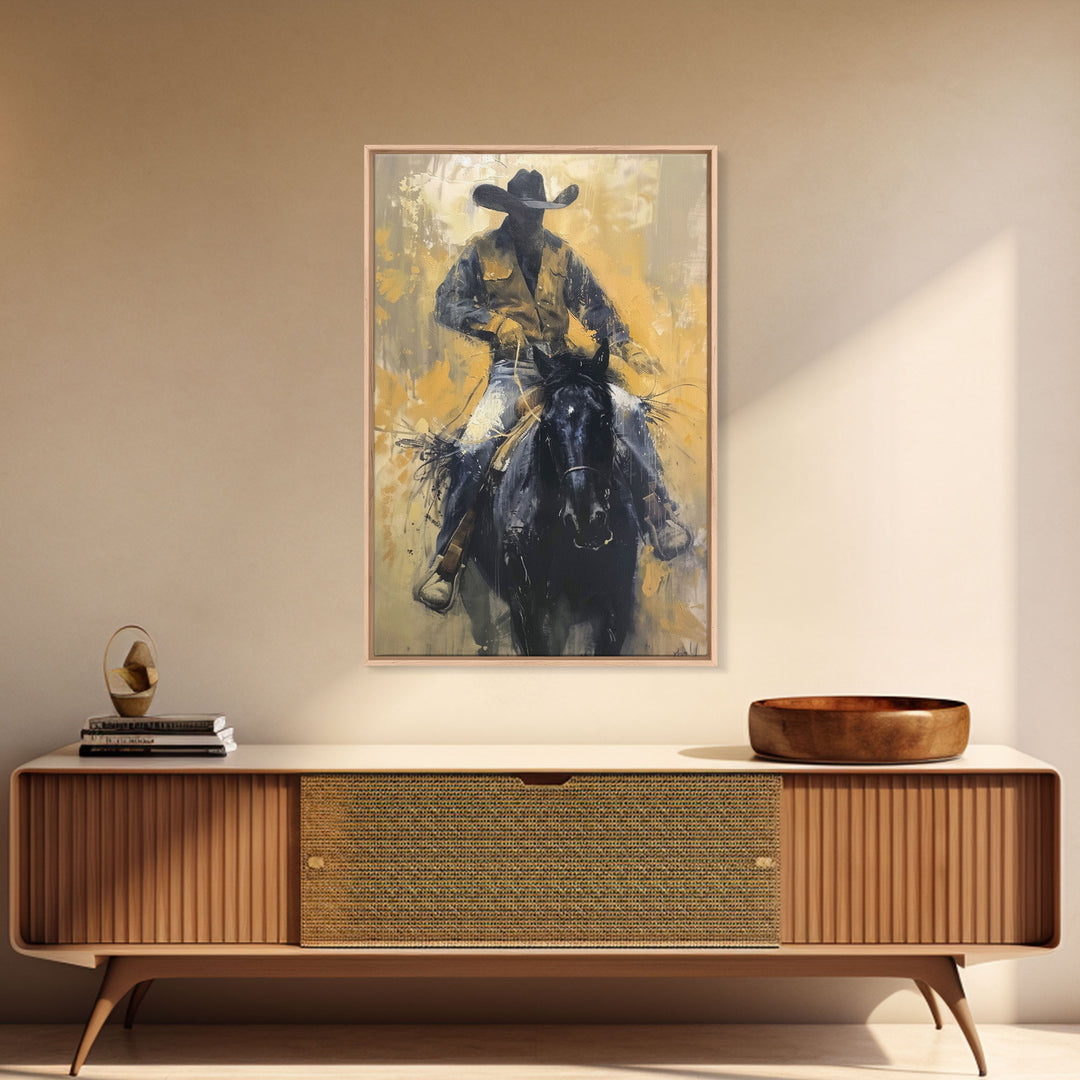 Cowboy in Full Gear Riding Horse - Framed Canvas Print, Western Wall Art, Rustic Decor, Living Room and Bedroom Art Print