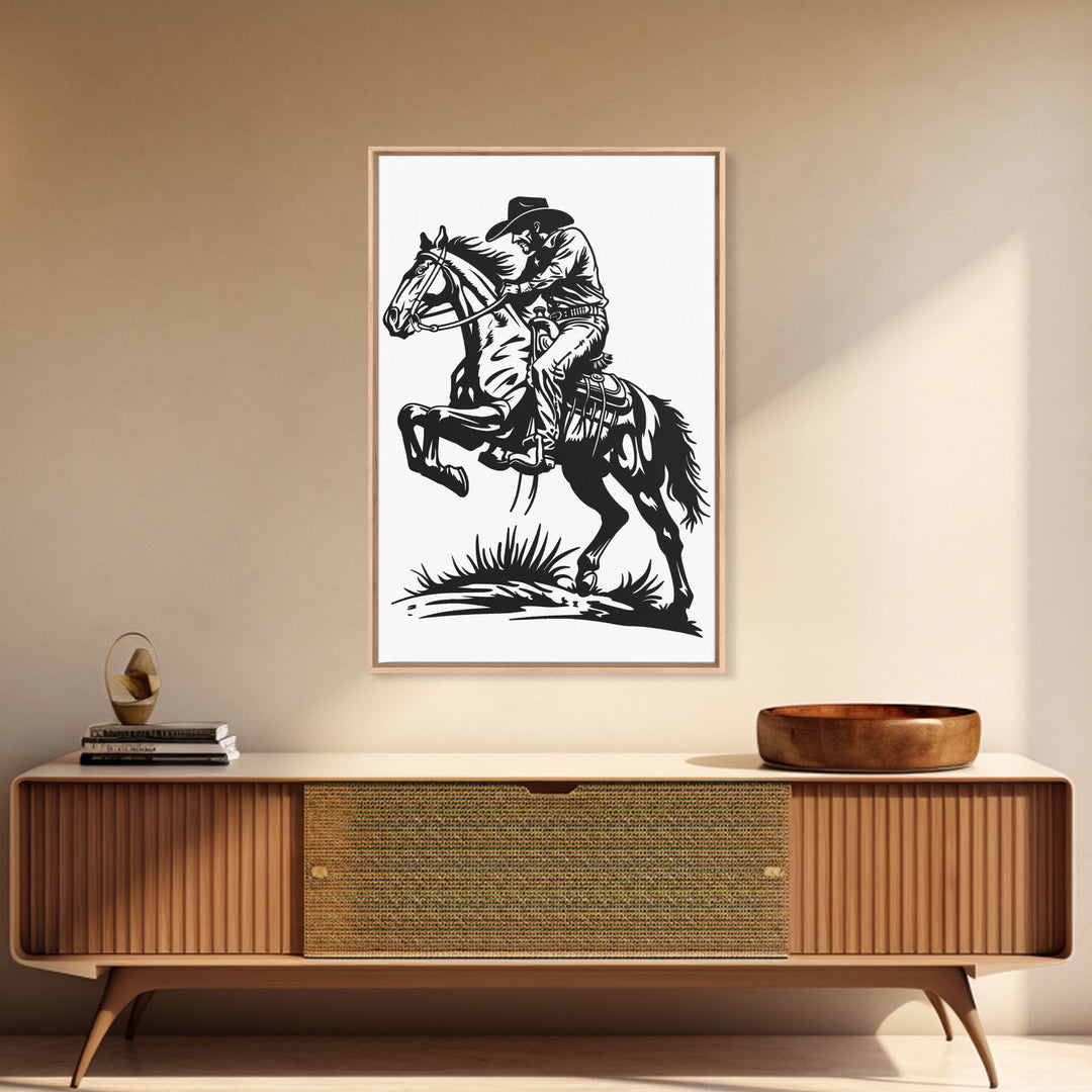 Cowboy Riding Horse with Reins - Framed Canvas Print, Western Wall Art, Rustic Decor, Living Room and Bedroom Art Print