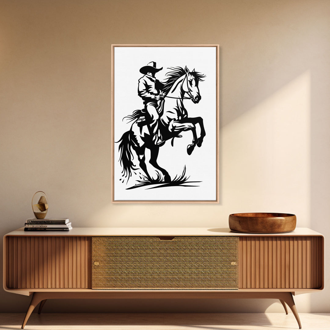 Dynamic Cowboy on Rearing Horse - Framed Canvas Print, Western Wall Art, Rustic Decor, Living Room and Bedroom Art Print