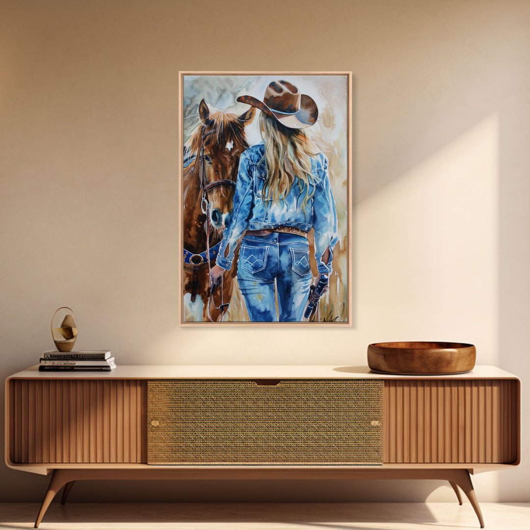 Intense Cowboy and Horse Silhouette - Framed Canvas Print, Western Wall Art, Rustic Decor, Living Room and Bedroom Art Print