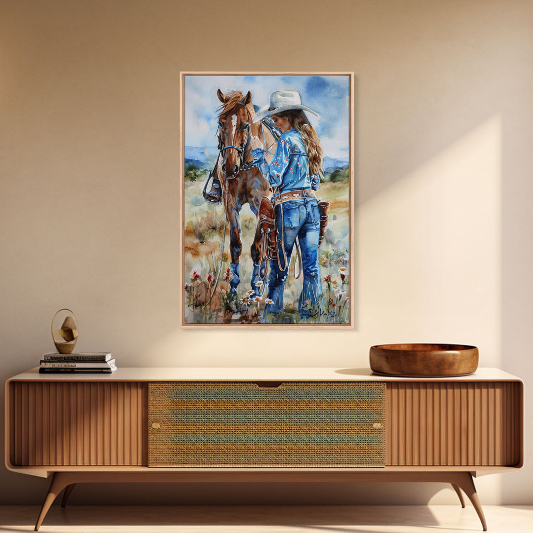 Cowboy on Rearing Horse Silhouette - Framed Canvas Print, Western Wall Art, Rustic Decor, Living Room and Bedroom Art Print