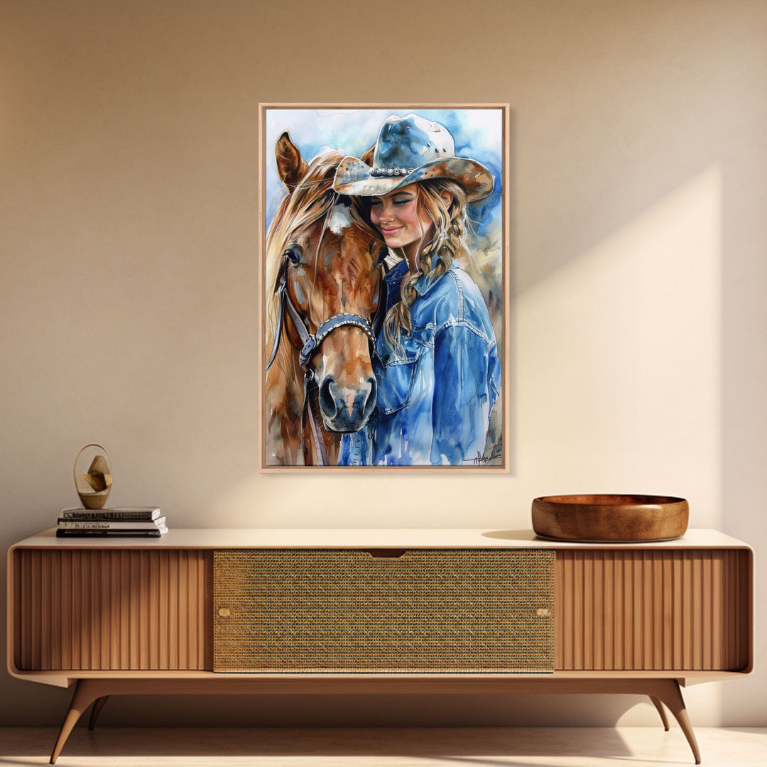 Cowgirl with Horse in Denim Outfit - Framed Canvas Print, Western Wall Art, Rustic Decor, Living Room and Bedroom Art Print