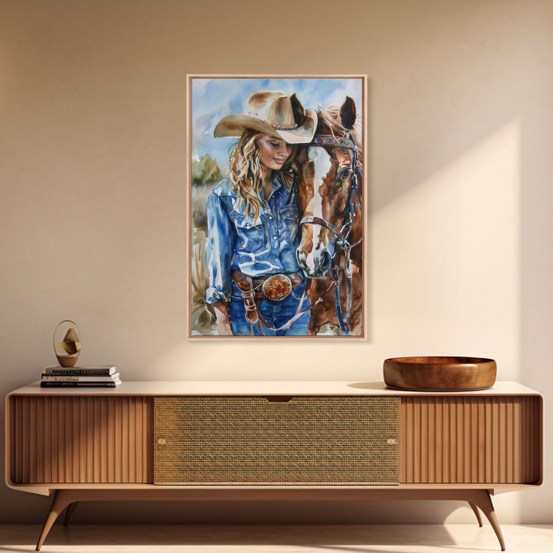 Cowgirl Preparing Horse for Ride - Framed Canvas Print, Western Wall Art, Rustic Decor, Living Room and Bedroom Art Print