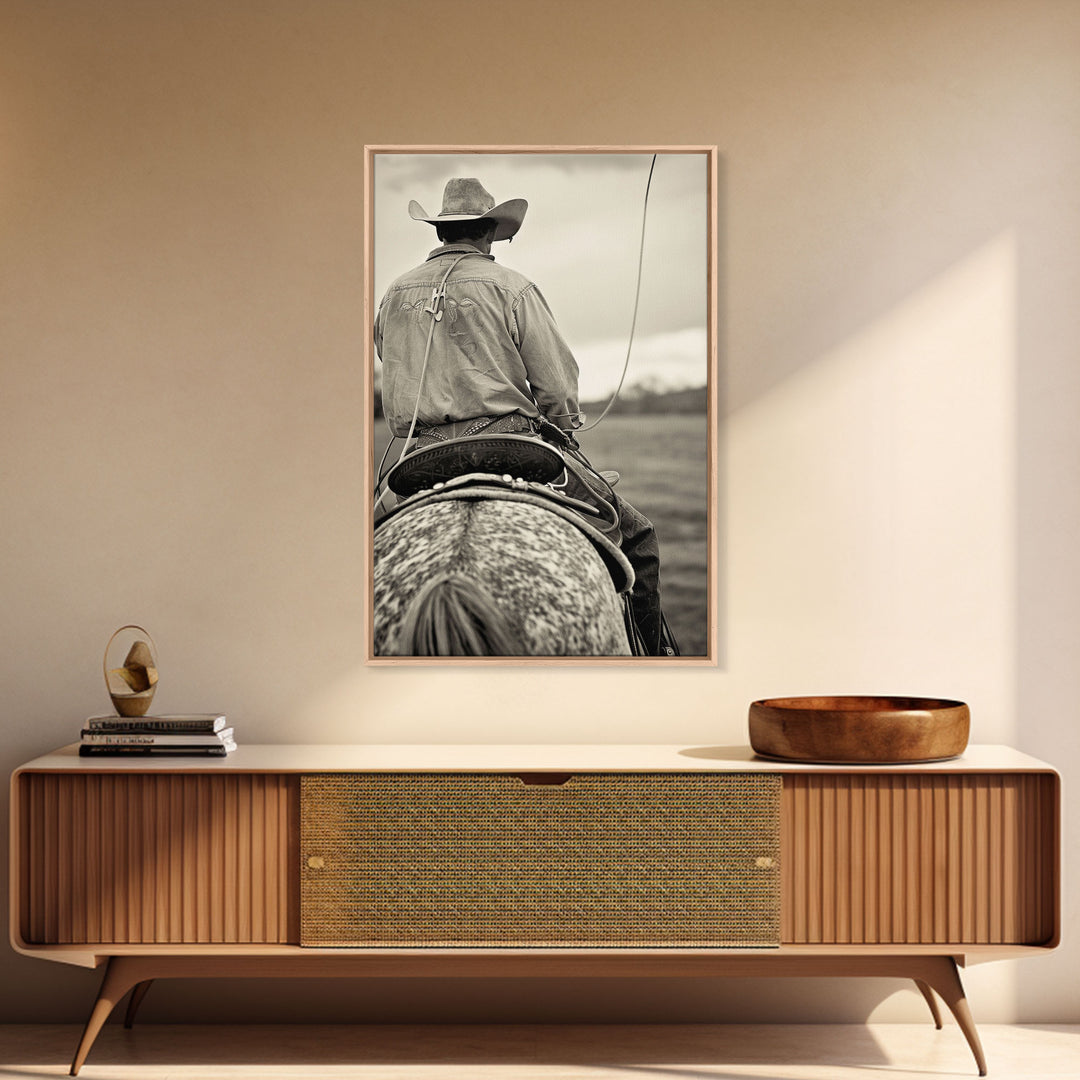 Cowboy on horseback with lasso, vintage black and white Western art, Framed Canvas Print, home decor, rustic wall art for living room