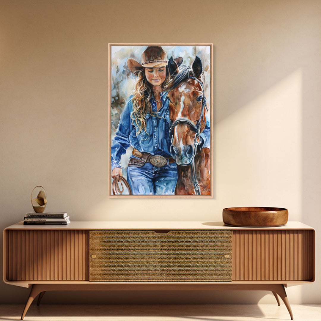 Cowgirl Embracing Horse with Hat - Framed Canvas Print, Western Wall Art, Rustic Decor, Living Room and Bedroom Art Print