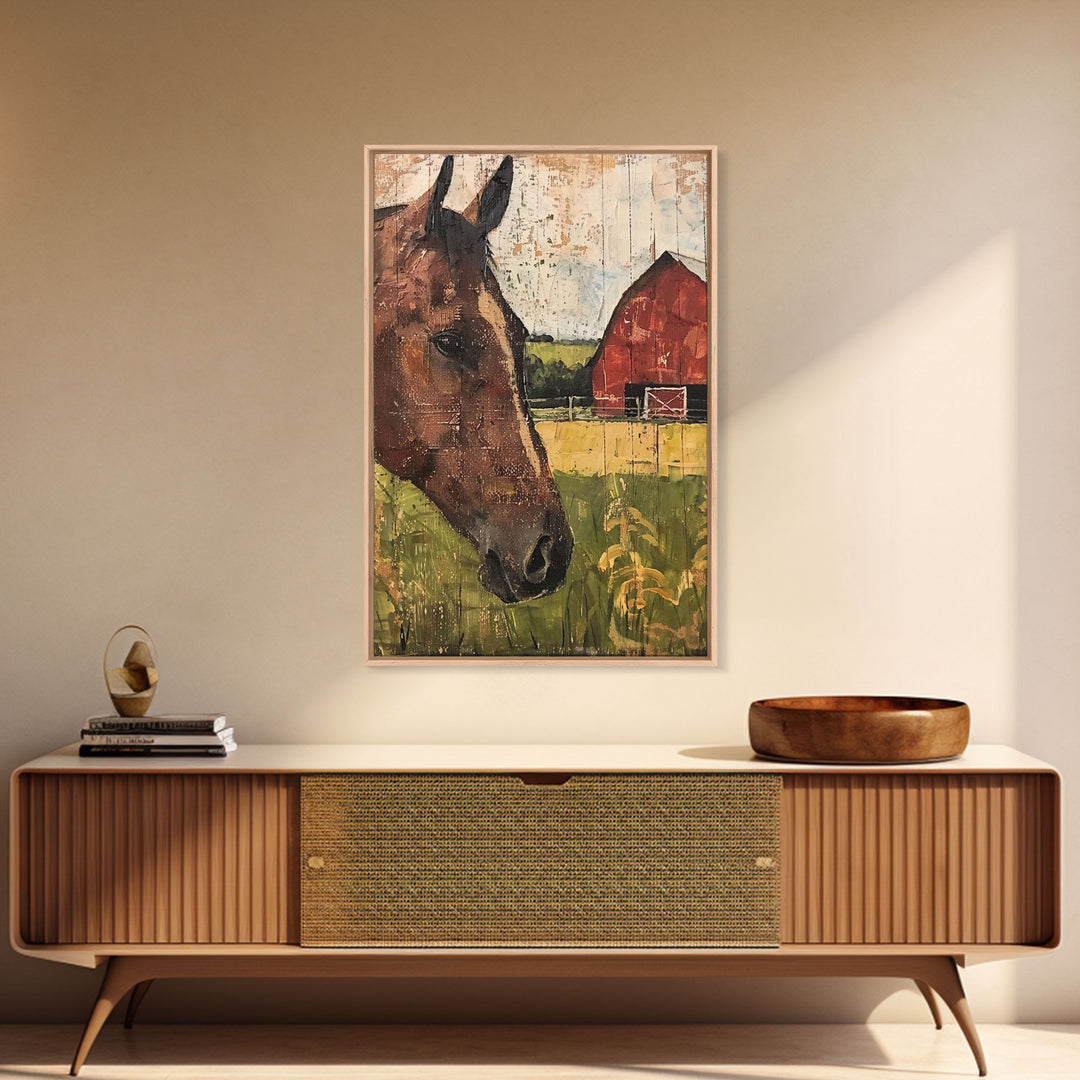 Horse and Barn Rustic Farm Art - Framed Canvas Print, Farmhouse Living Room Decor, Horse Wall Art, Rustic Home Decoration