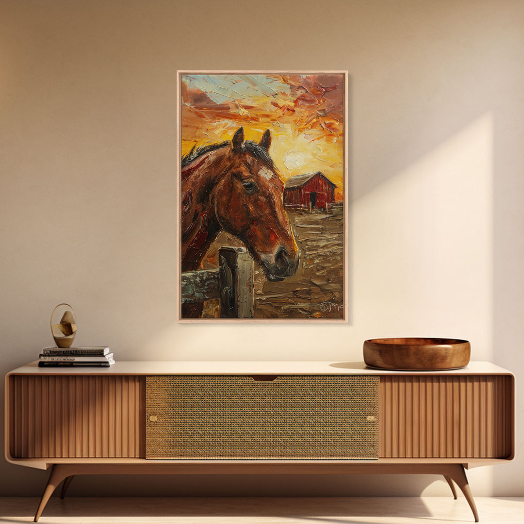 Horse with Red Barn Sunset Art - Framed Canvas Print, Rustic Bedroom Decor, Farmhouse Wall Art, Horse and Barn Home Decoration