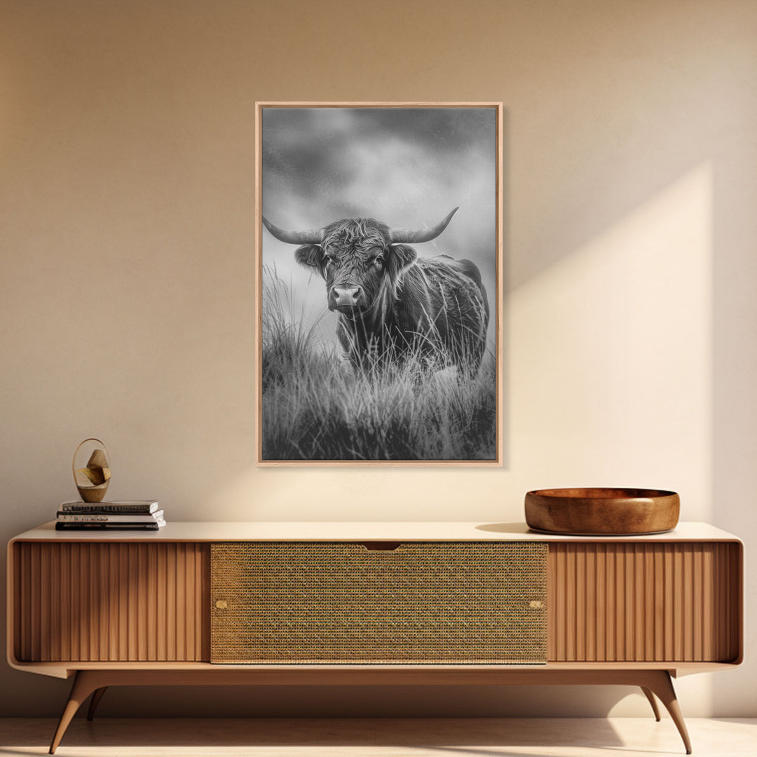 longhorn cow in field, black and white Western decor, rustic home art, Framed Canvas Print, vintage wall art for living room or bedroom