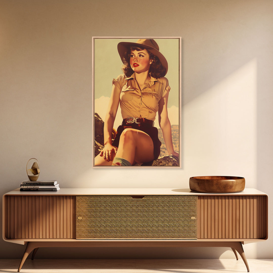 Framed Canvas Print, Retro Pinup Girl Wall Art for Living Room or Bedroom Decor, Vintage Style Poster for Home Decoration, Classic Home Art