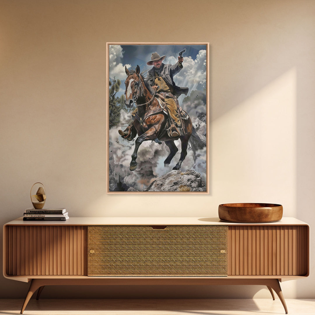 Framed Canvas Print, Cowboy Riding Horse with Gun Wall Art, Western Style Artwork for Living Room or Bedroom Decor, Dynamic Home Art Piece