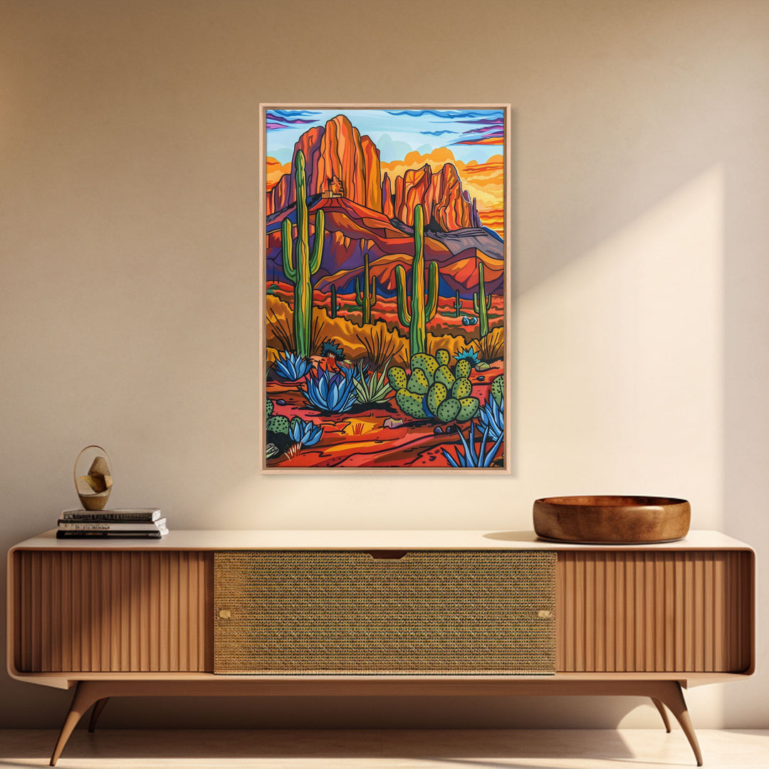 Framed Canvas Print, Cactus and Mountain Sunset Wall Art, Colorful Desert Landscape for Living Room or Bedroom Decor, Southwest Art Poster