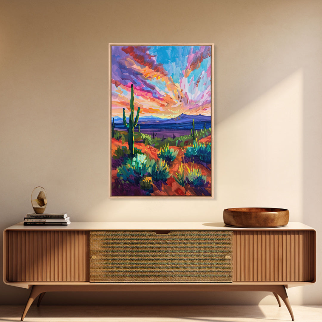 Framed Canvas Print, Cacti and Mountains at Sunset Wall Art, Vibrant Southwest Decor for Living Room or Bedroom, Nature Art Decoration Piece