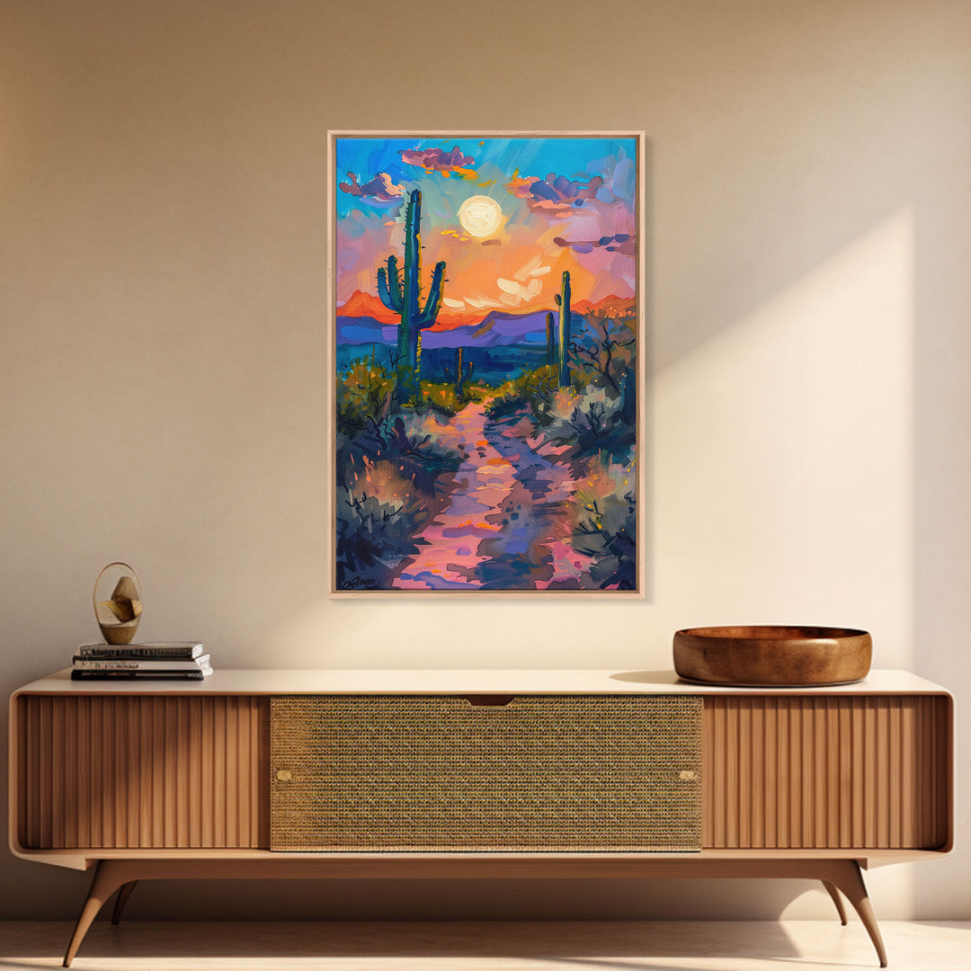 Framed Canvas Print, Colorful Desert Sunset with Cacti Wall Art, Southwest Landscape for Living Room or Bedroom, Vibrant Wall Art Piece