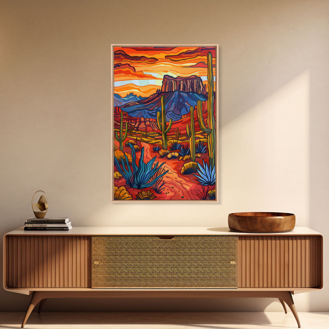 Framed Canvas Print, Bold Desert Landscape with Saguaro Cacti and Mountains, Unique Wall Art for Living Room or Bedroom