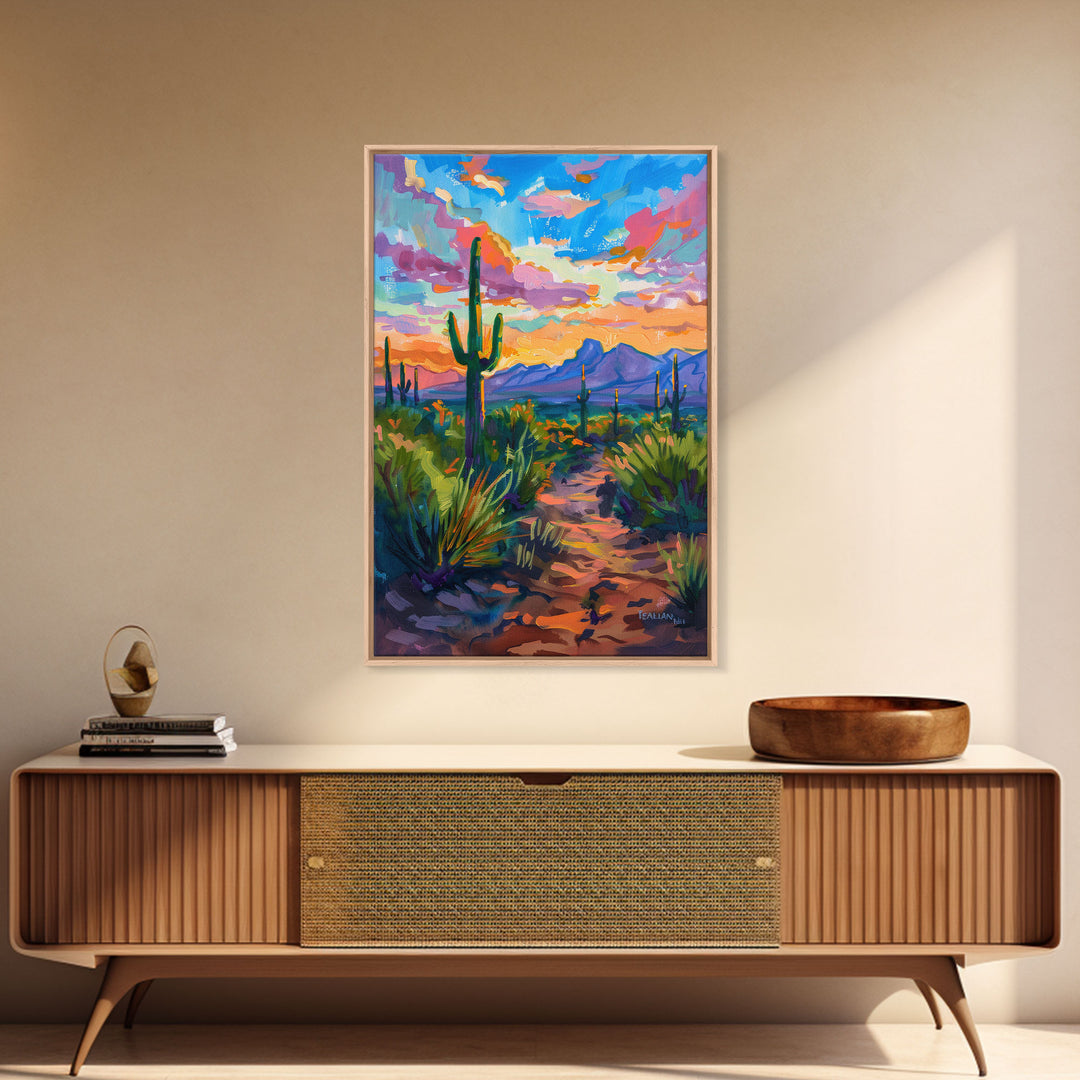 Framed Canvas Print, Sunset Over Desert with Cacti, Stunning Wall Art for Living Room or Bedroom Decor