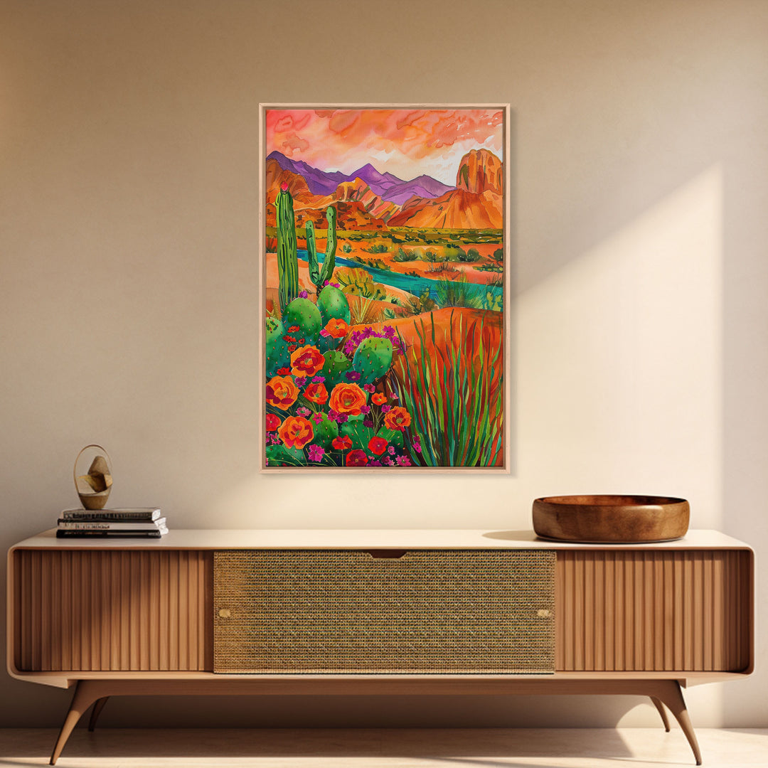 Framed Canvas Print, Colorful Desert Landscape with Blooming Cacti, Beautiful Wall Art for Living Room or Bedroom Decor