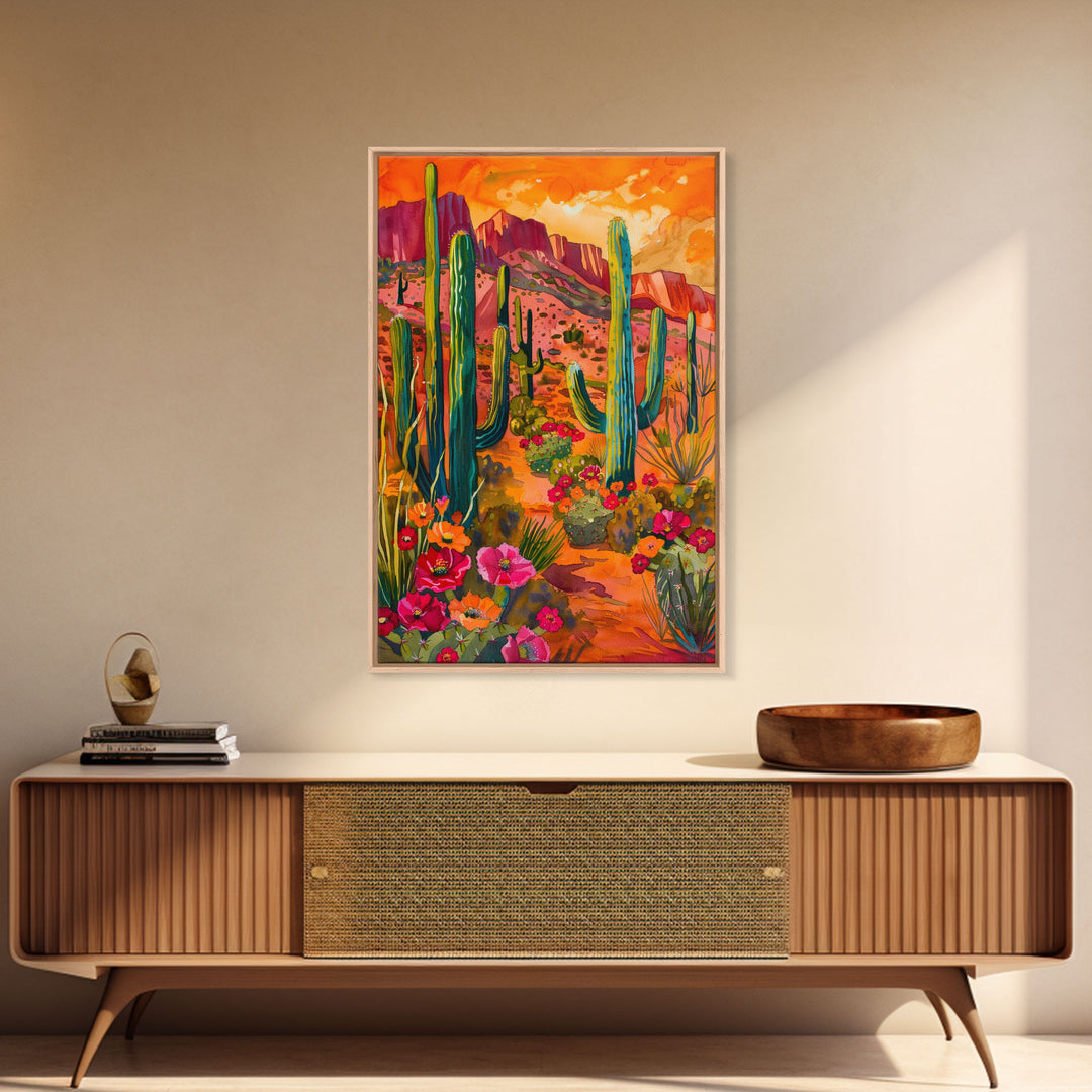 Framed Canvas Print, Vibrant Desert Scene with Saguaro Cacti and Flowers, Unique Wall Art for Living Room or Bedroom