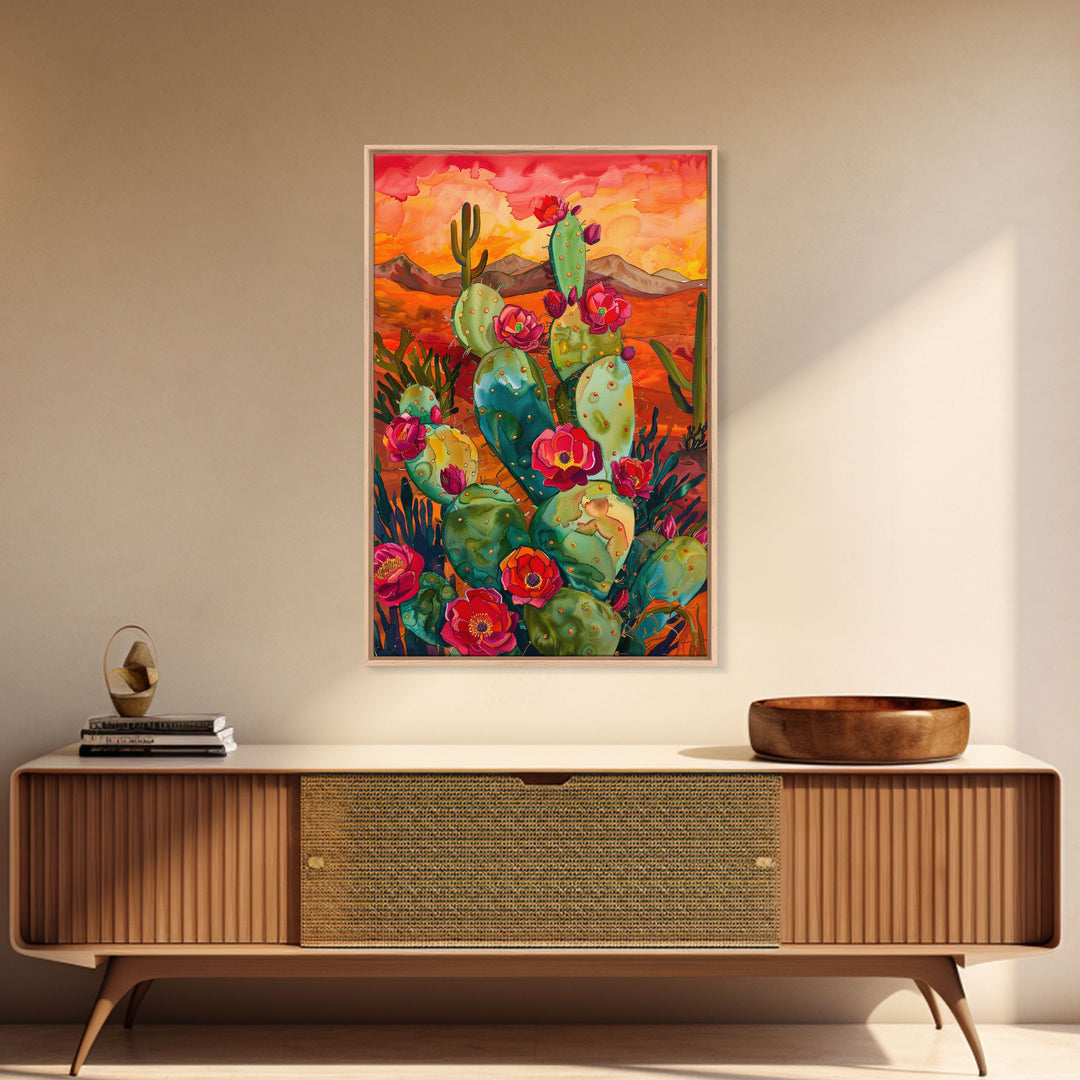 Framed Canvas Print, Blooming Cacti in Desert Sunset, Stunning Wall Art for Living Room or Bedroom Decor