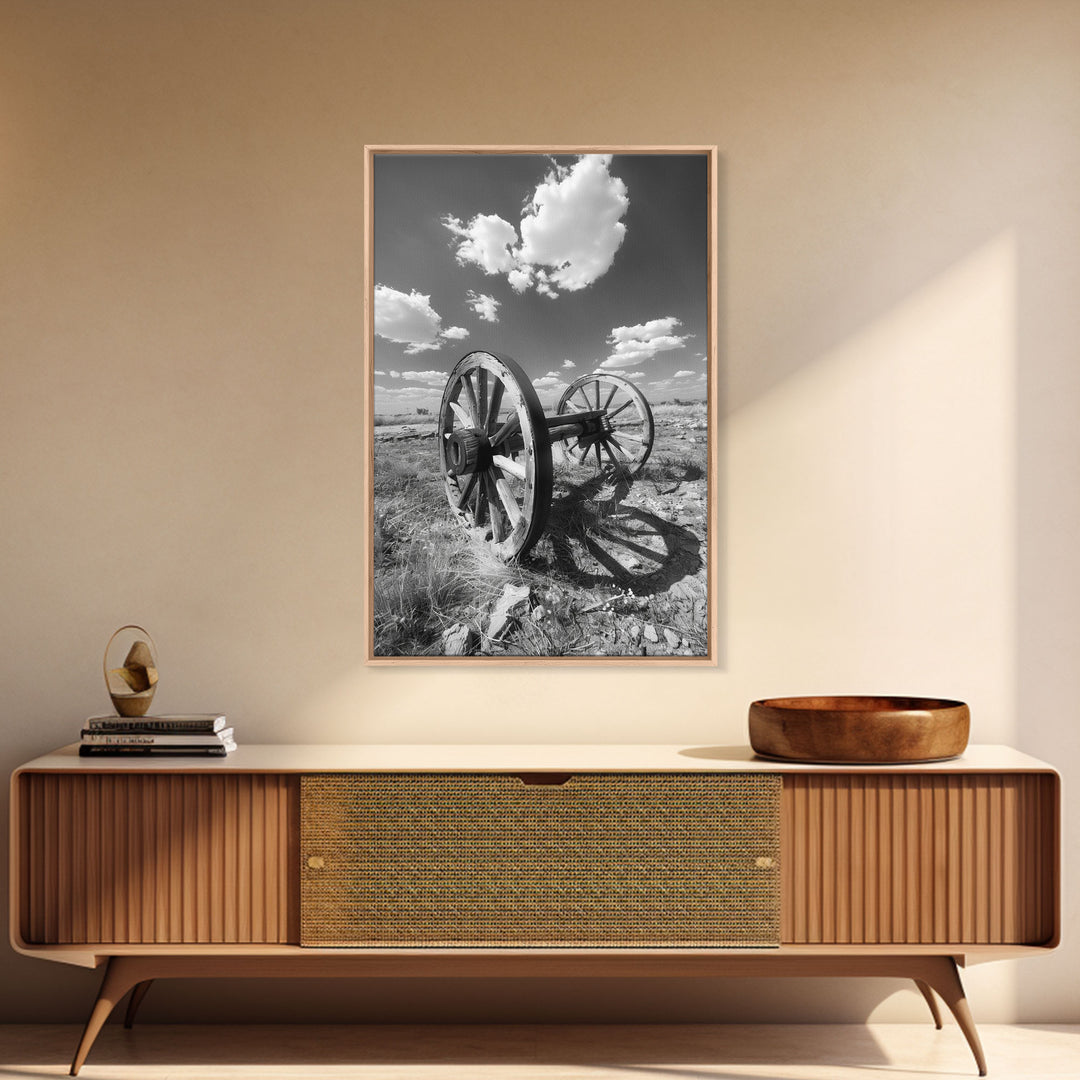 Abandoned wagon wheel on prairie, black and white Western art, Framed Canvas Print, rustic home decor, vintage wall art living room bedroom