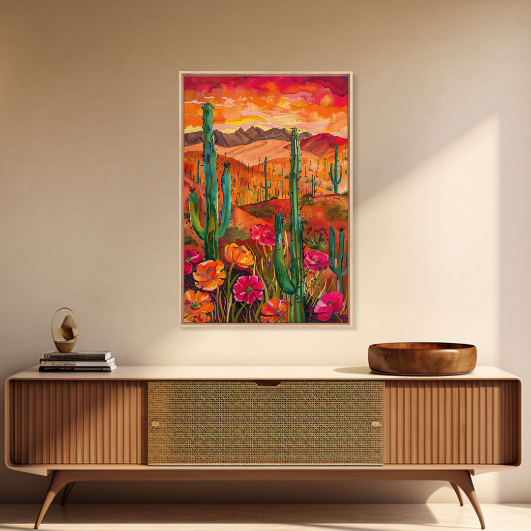 Framed Canvas Print, Vibrant Desert Landscape with Flowers and Cacti, Perfect Wall Art for Living Room or Bedroom Decor