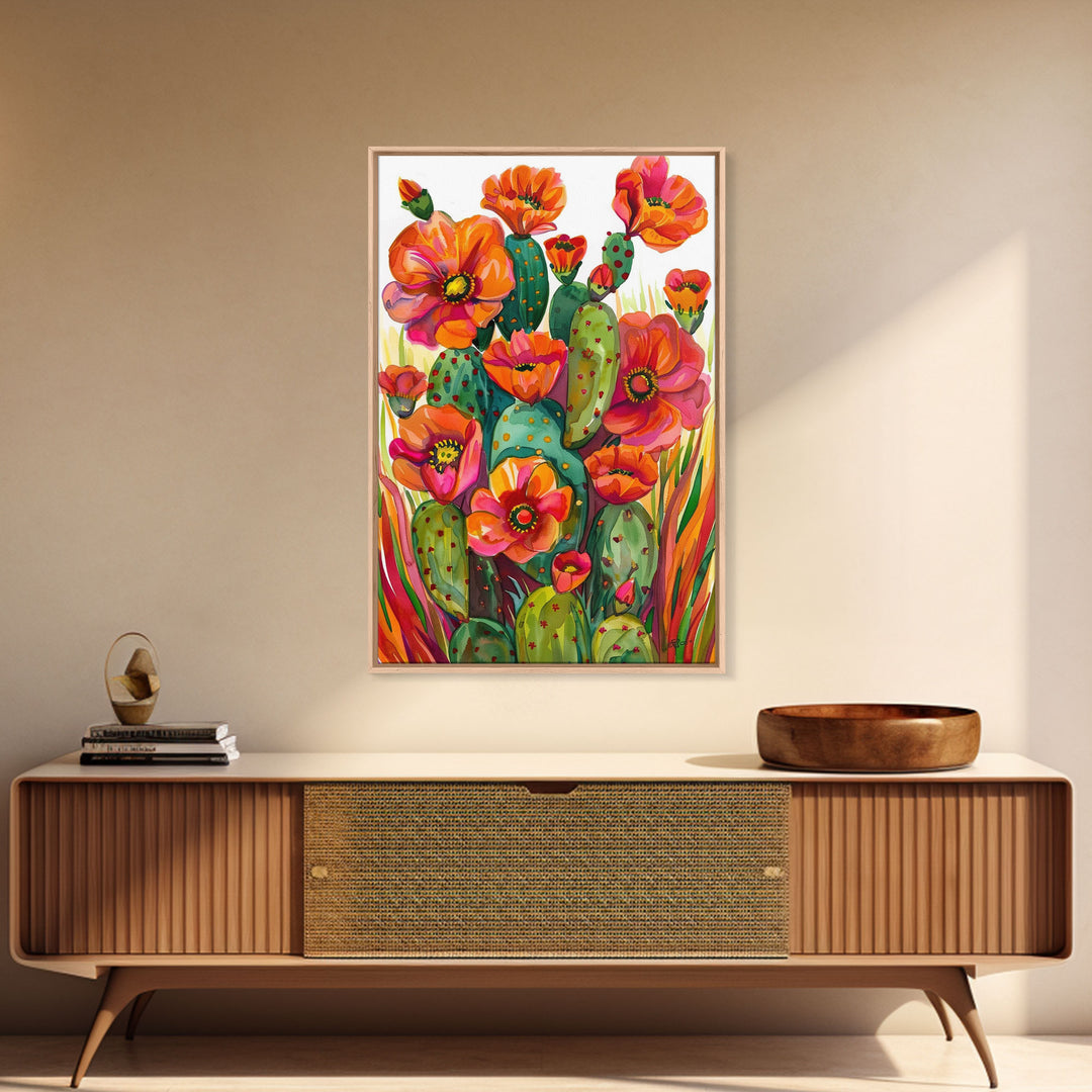 Vibrant Desert Cactus and Flowers, Living Room or Bedroom Wall Art, Framed Canvas Print for Home Decor, Botanical Artwork