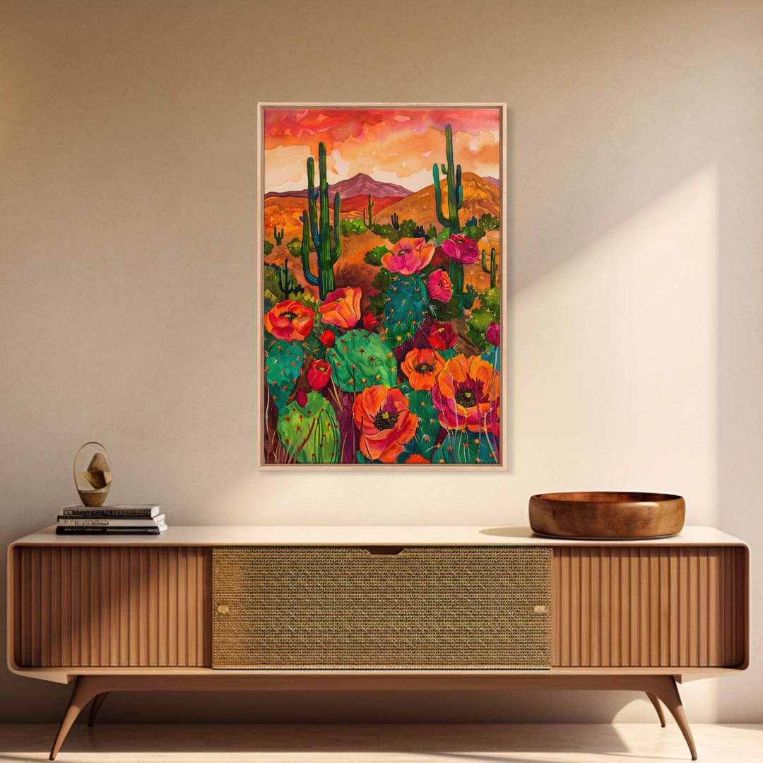 Southwest Desert Landscape with Cacti and Flowers, Colorful Wall Art for Living Room or Bedroom, Framed Canvas Print