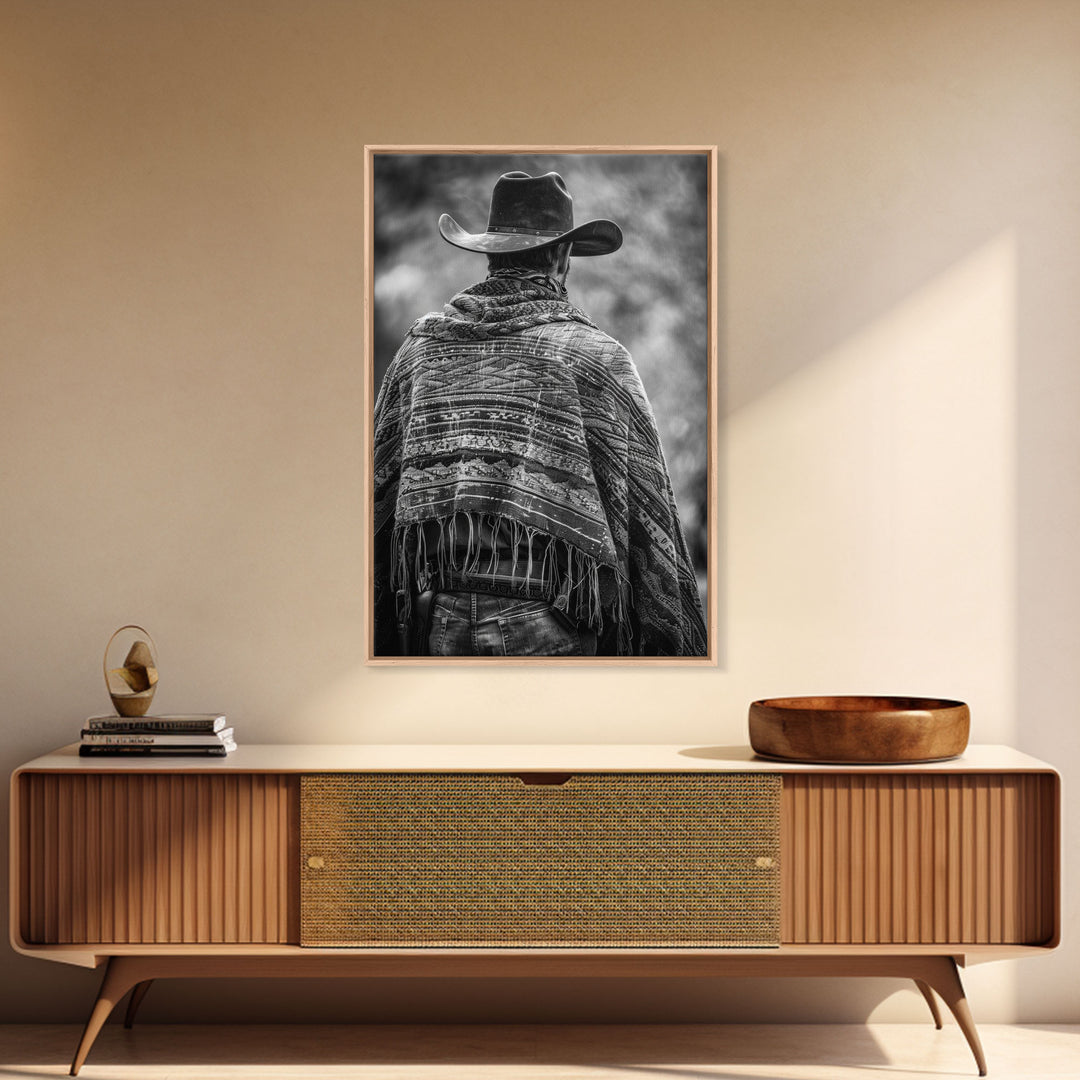 Cowboy in poncho and hat, black and white Western decor, Framed Canvas Print, rustic home art, vintage wall art for living room or bedroom