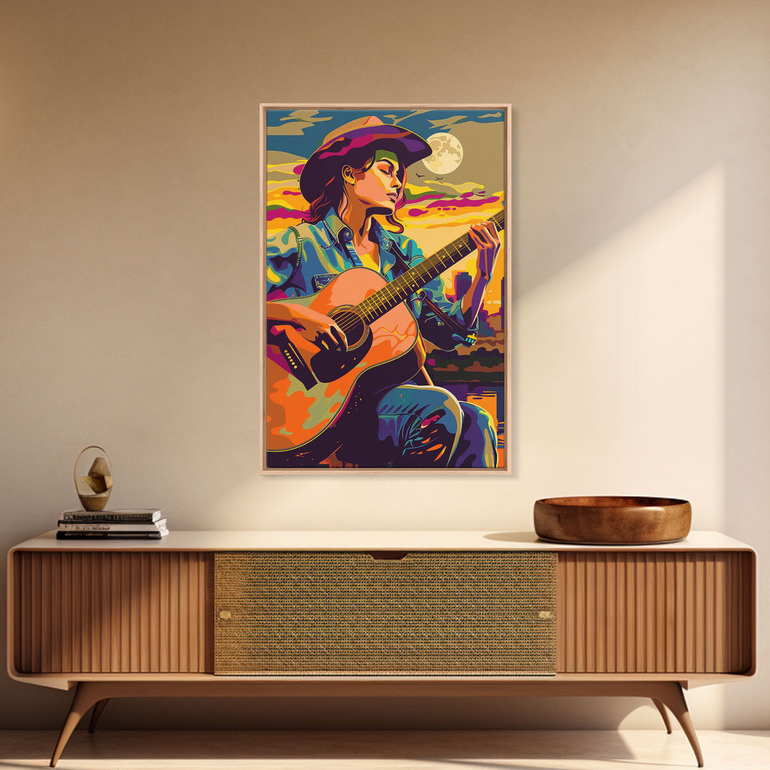 Country Cowboy playing guitar under a colorful sunset, pop art style Framed Canvas Print - music decor, country music art, vibrant wall art