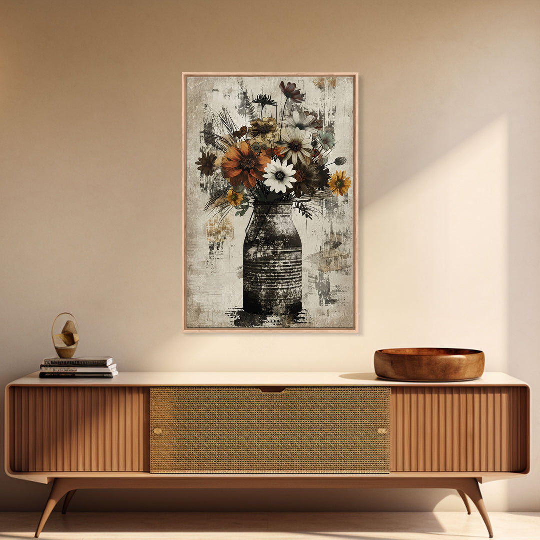 Rustic metal vase filled with autumn flowers on rustic background Framed Canvas Print farmhouse floral rustic decor, vintage flower print