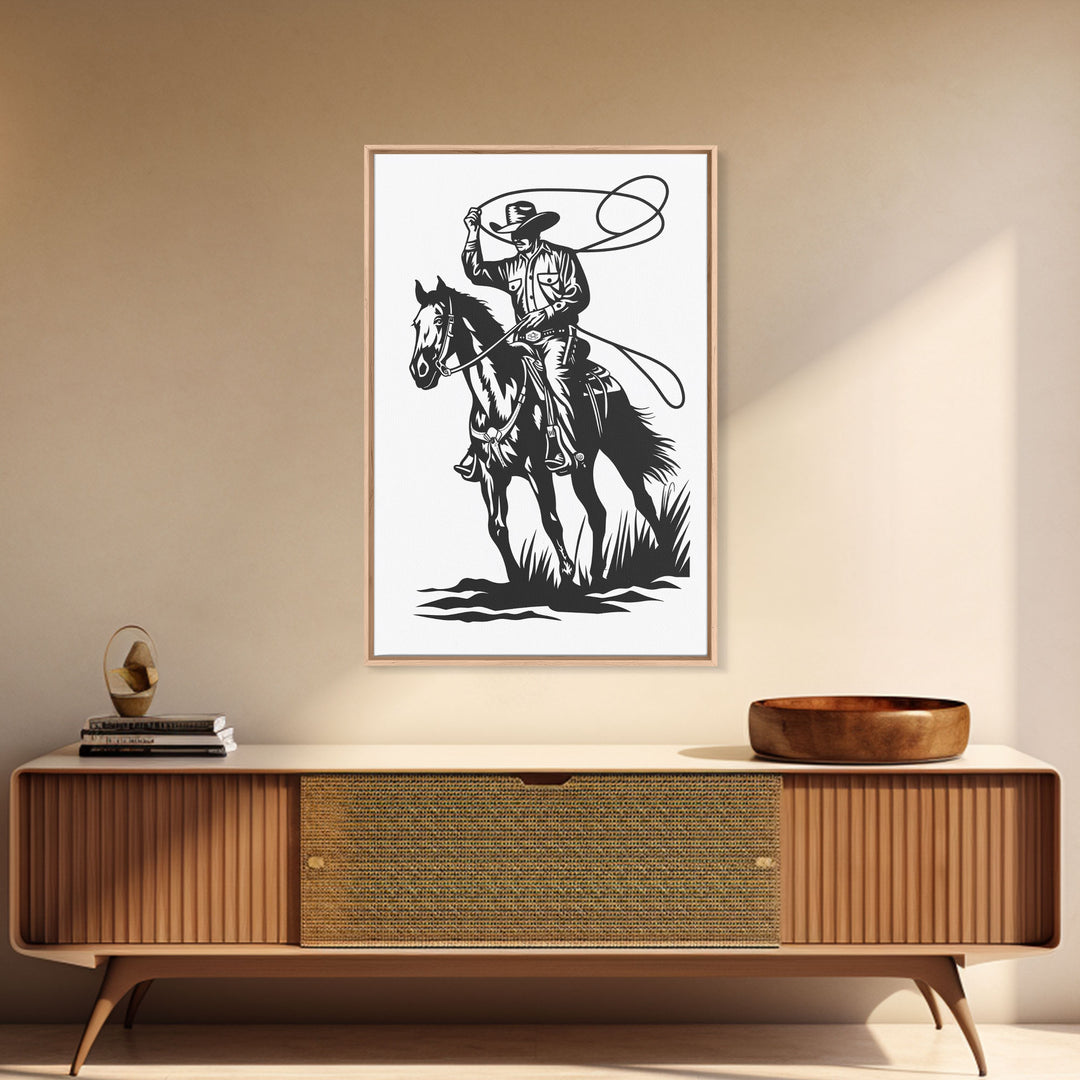 Cowboy Roping Horse Art Print, Western Silhouette Framed Canvas, Vintage Rodeo Cowboy Artwork, Rustic Western Home Decor