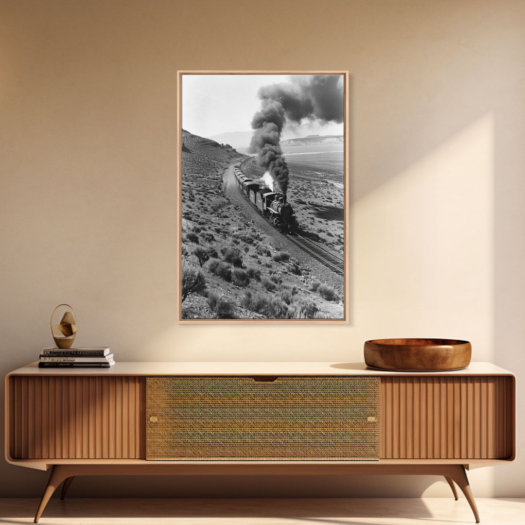 Train Journey Through the Desert Black and White Photography - Framed Canvas Print, Railroad Art, Rustic Train Wall Art Decor