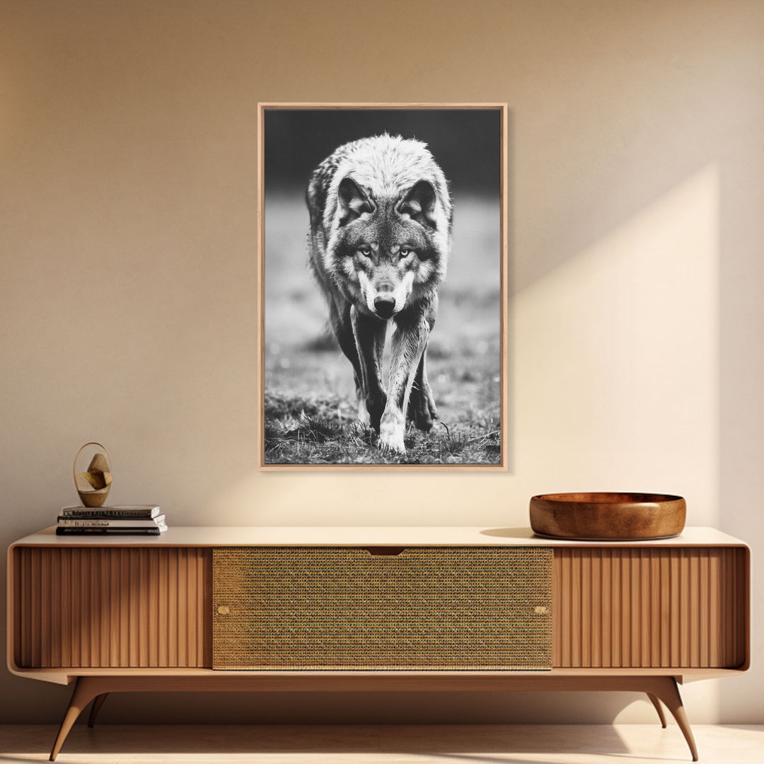 Majestic Wolf Black and White Art Print - Framed Canvas Wall Decor, Wildlife Art for Living Room, Rustic Animal Wall Art for Home